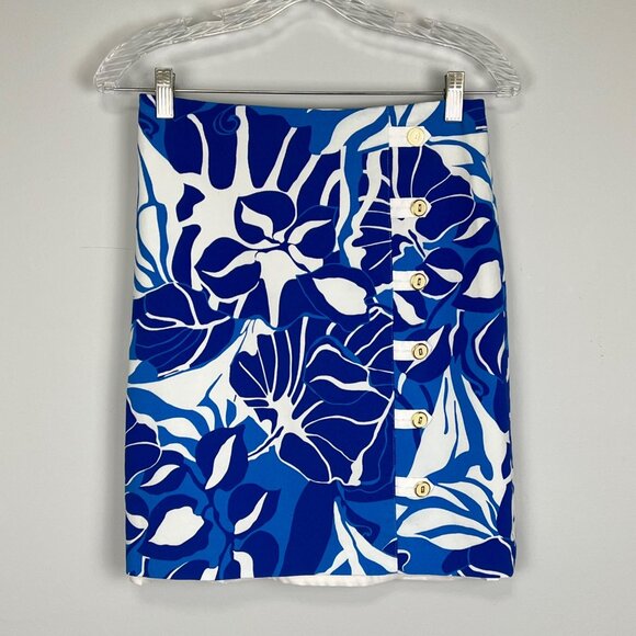 J McLaughlin Womens Serina Blue Floral Pencil Skirt Buttons Above Knee size 0 - Picture 3 of 12